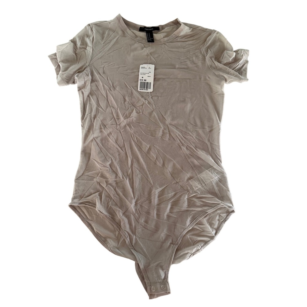 Forever 21 Womens Short Sleeve Knit Bodysuit Light Grey‎ Crew Neck Size M NWT